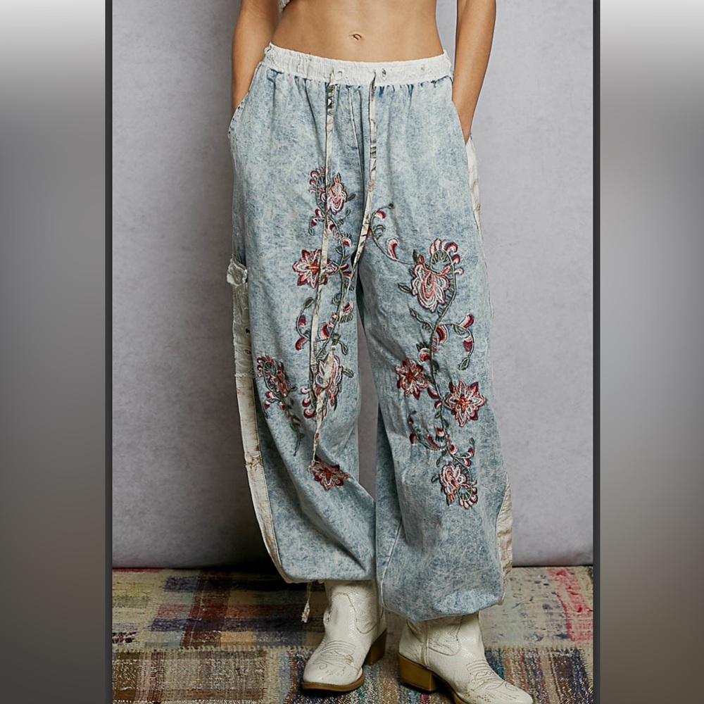 POL Light Blue Acid-Wash Floral Embroidered Track Pants